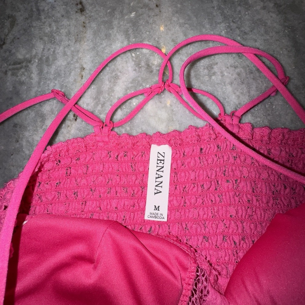 Zenana Tank Top Medium Hot Pink Cami Baby Doll Lace Y2K Cropped - Picture 4 of 6